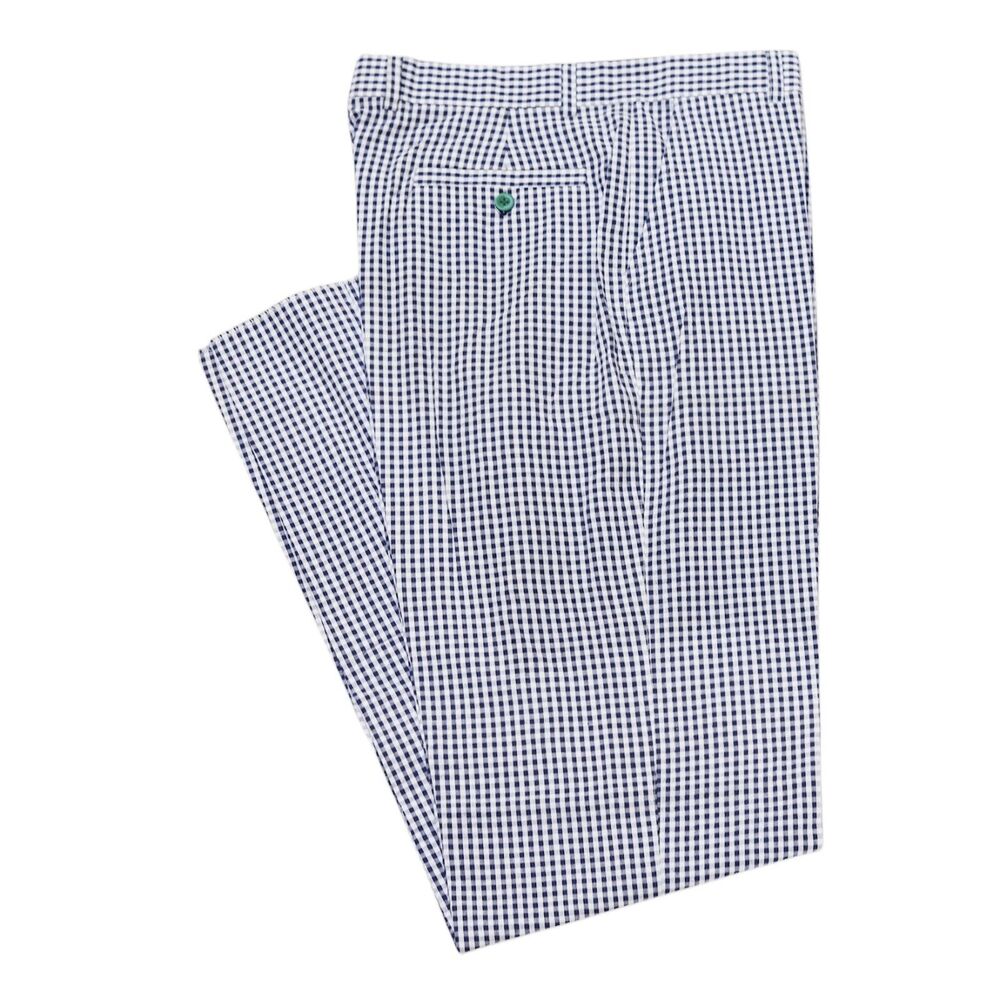 Mens 32 Blue White Gingham Pants Check Straight Fit Flat Front Cotton Trousers